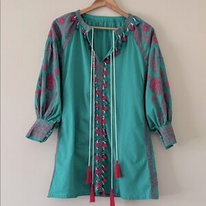 Turquoise Blue & Pink Embroidered Size Small Dress Bohemian Tassel Pockets